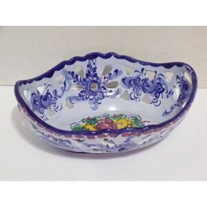 Portugal Webbed Serving Dish Oval Blue Roses & Fruit Bottom 8.5" long Vintage